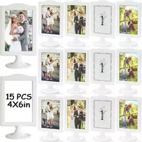 Lopyxbr 15 nuotraukų rėmelių rinkinys 10 x 15 cm dvipusis nuotraukų rėmelis baltas nuotraukų rėmelis pastatomas nuotraukų rėmelis su pagrindu 2 nuotraukoms, vestuvėms, vakarėliams