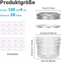Culncraz 120 ml stiklainiai konservavimui, 20 vnt. stiklainių su įprasto pločio anga su sidabriniais aliuminio dangteliais ir žiedais, sandarūs stiklainiai maisto laikymui, konservavimui, avižoms per naktį, fermentavimui