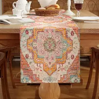 Boho stalo takelis, vintažinis, 33 x 183 cm, oranžinis spalvingas stalo takelis, skalbiamas lininis turkiško stiliaus staltiesė, kaimiško stiliaus dekoracija sodybos valgomojo kambario vakarėliui, šventinis stalo dekoras