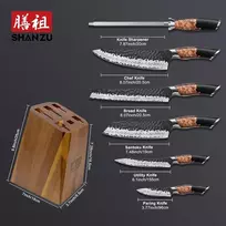 Shan zu 7 dalių peilių rinkinys, japoniškų virtuvinių peilių rinkinys su stovu, 7 sluoksnių aukštos kokybės anglies plieno aštrus peilių rinkinys virtuvei, profesionalus šefo peilių rinkinys su galąstuvu