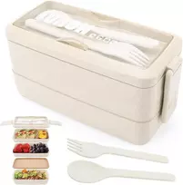 3 sluoksnių priešpiečių dėžutė bento box suaugusiems, 4-in-1 maisto ruošimo dėžutės su šakute ir šaukštu, 1000 ml maisto laikymo dėžutė vyrams moterims studentams, tinkama naudoti mikrobangų krosnelėje ir indaplovėje (smėlio spalvos)