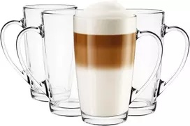 Glasmark Krosno 1992 stiklinių rinkinys kavai, arbatai su rankena, 4 vnt., 400 ml, kavos, arbatos, latte stiklinė, arbatos puodeliai, stikliniai puodeliai, didelė gėrimų stiklinė, galima plauti indaplovėje, Alex, skaidri