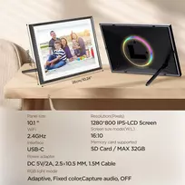 Objektyvas Hdeye Skaitmeninis nuotraukų rėmelis 10.1 colio Wifi, Hd 1280 x 800 Ips jutiklinis ekranas, elektroninis nuotraukų rėmelis su 32Gb atmintimi, automatinis pasukimas, lengvas nuotraukų ir vaizdo įrašų perkėlimas per Aimor programėlę, Rgb apšvietimo režimas