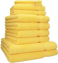 Rankšluostis 10 rankšluosčių rinkinys Betz Premium Quality, 470 g/m², saulės geltonumo: du vonios rankšluosčiai 70 x 140 cm / keturi rankšluosčiai 50 x 100 cm / du rankšluosčiai svečiams 30 x 50 cm / dvi prausimosi pirštinės 17 x 22 cm