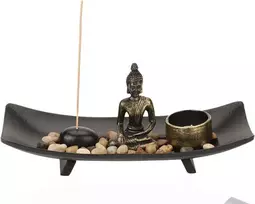Sėdinčio budos statula, žvakės ir smilkalų laikiklis buda su zen sodo miniatiūriniu padėklu, japoniškų smilkalų lazdelių laikiklis budos statula dekorui, atsipalaidavimui, meditacijai
