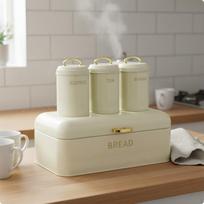 4 vnt. duonos dėžutė su atitinkančiais sandariais metaliniais indais Cream White gray