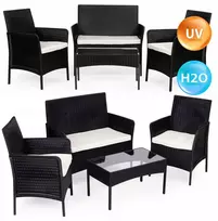 Focus Garden Elegantiškas lauko baldų komplektas juodas stalas + sofa + 2 foteliai + pagalvėlės