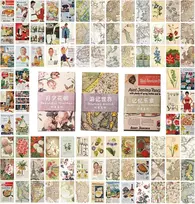 Vnhaty 180 vintažinių literatūros atvirukų plakatas, estetinė koliažas, personažai, veiksmas, kelionės, paradas, augalų koliažas, skirtas vintažiniam retro meno miegamojo dekorui