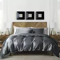 Luowei satininis patalynės komplektas Damier 200 x 220 cm, tamsiai pilkas, antracito spalvos, blizgus satininis antklodės užvalkalų komplektas, šilkinis, prabangus antklodės užvalkalas su užtrauktuku ir 2 pagalvių užvalkalais 80 x 80 cm