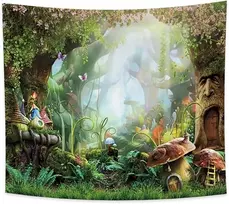 Haoyiyi 150 x 130 cm grybų miško gobelenas elfų namas psichodelinis miško animacinis sienų pakabinimas gėlės užkerėtas miško pavasario scenos gobelenas abstraktus sienų menas specialus dizainas miegamojo dekorui