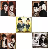 Plakatas Kustom Art 5 dalių paveikslų kompozicija vintažiniu stiliumi, žymūs aktoriai, stanlio ir oil (stan Laurel & Oliver Hardy). Atspausdinta ant medžio 23 x 23 cm