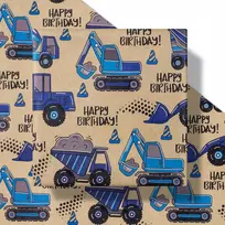 Ruspepa kraft popierius dovanoms ritinyje - mini ritinys - mėlynas sunkvežimis ir užrašas "happy birthday", idealiai tinka gimtadienio vakarėliui, kūdikio sutiktuvių šventei - 43.2cm x 10m