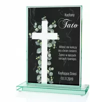 Didelė stiklinė statulėlė ant kapo su dedikacija tėčiui