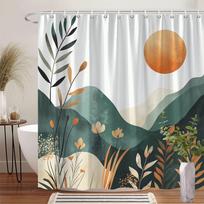 Minimalist Nature Shower Curtain - Tranquil Landscape With Sun, Green & Beige Foliage, Polyester, Machine Washable W60H190(CM)-1 Pcs white