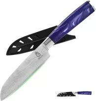 Fullhi santoku peiliai, 2 vnt. įvairiaspalvių 5 colių japoniškų peilių rinkinys, pjaustymo peilis, nerūdijančio plieno virtuvinis peilis su apsaugine įmaute (violetinė resin)