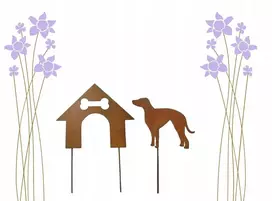 Whippet šuo su būda, metalinė dekoracija sodui, Corten efektas