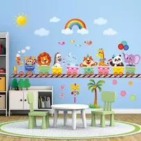 Decowall sg-2205 gyvūnų traukinio sienos lipdukas vaikų kambario dekoras nulupkite ir priklijuokite nuimamas kūdikių kambario vaikų džiunglių 3d berniukų miegamojo žirafa dramblys liūtas beždžionė vakarėlis