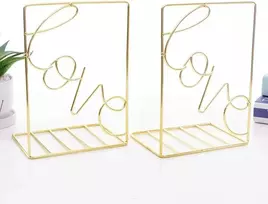 Sipliv kūrybiškas minimalistinis metalinis reguliuojamas knygų stovas, atrama knygoms, meilės aukso spalvos