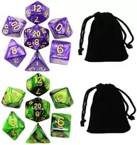 2 žaidimo kauliukų rinkinys, skirtas dungeons and dragons vaidmenų žaidimams, poliedrinių kauliukų rinkinys su juodu maišeliu (perlo tamsiai žalia + perlo violetinė)