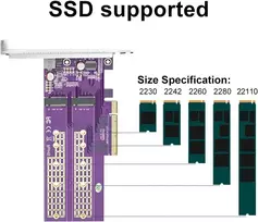 Dual M.2 Nvme į Pcie3.0 X8 adapteris be Pcie bifurkacijos funkcijos, palaiko 22110/2280/2260/2242/2230 M.2 Nvme Ssd (reikalinga Pcie bifurkacijos pagrindinė plokštė)