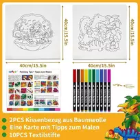 Sneiljoy vaikiškas kūrybinis rinkinys su 2 pagalvių užvalkalais (dinozauras ir Undinė) ir 8 plaunamais tekstilės markeriais, 40 x 40 cm, dovana mergaitėms ir berniukams nuo 6 metų