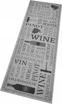 Zala Living Pilkas juodas kilimas virtuvei, neslystantis kilimėlis su užrašu Wine 45x140cm