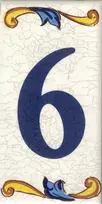 Toro Del Oro namų numerio lentelės, namų numerio ženklai su numeriais ir numeriais ant keraminių plytelių ženklų su vardais, adresais ir rodyklėmis (numeris šeši "6")