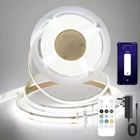 Fuiqi Cob Led juosta 5 m, dienos šviesos balta 6000 K Led juosta, 24 V šviesos juosta, pritemdoma su nuotolinio valdymo pulteliu ir maitinimo šaltiniu, išmanioji programėlė, Cri>90, 8 mm plotis, tinkama miegamiesiems, virtuvėms, spintelėms
