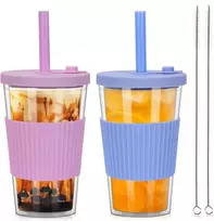 Zgoec 500 ml Bubble Tea puodelis su dangteliu ir šiaudeliu, 2 vienetai daugkartinio naudojimo plastikiniai puodeliai, kokteilių puodeliai, gėrimo puodelis su šiaudeliu, dvigubų sienelių izoliuotas, nepralaidus gėrimų puodelis arbatai, šaltai kavai, šviesi