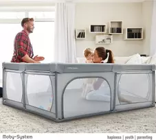 Moby-system maniežas su žaidimų kilimėliu, 200 x 160 cm, sulankstomas kūdikių veiklos centras, neslystantis pagrindas, vandeniui atspari medžiaga, su transportavimo krepšiu, pilkas