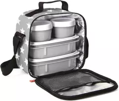 Tatay šaltkrepšis mažas, 3 l talpos, 4 plastikiniai maisto indai (2 x 0,5 l, 2 x 0,2 l) be Bpa, pilkas su žvaigždėmis. Matmenys: 22,5 x 10 x 22 cm