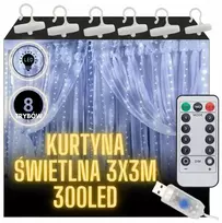 Gline šviesos užuolaida 300 led šalta 3x3 usb kalėdinė eglutės girlianda su nuotoliniu valdymu