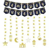 Ramadan Mubarak auksinės žvaigždės mėnulio žibinto girlianda, Eid Mubarak pakabinamas ženklas islamo dekoracijos Eid festivalio vakarėlio dekoravimui, Ramadan Kareem dekoro reikmenys
