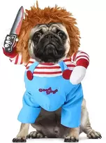 Diydec juokingi chucky šuns drabužiai, helovino šuns kostiumo perukas ir peilis, siaubingas šuns kostiumas helovino naminių gyvūnėlių cosplay vakarėliui