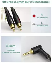 Rawaux rca į jack 3.5 mm kabelis 90 laipsnių 3.5 mm jack į 2 rca kabelis 24k paauksuotas stereo rca audio kabelis televizoriui, išmaniajam telefonui, nešiojamam kompiuteriui, namų kinui, stiprintuvui (1 m, 3.5 x 2 rca - juodas)