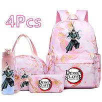 4 vnt./rinkinys Anime Demon Slayer spausdintas kuprinė, rankinė, pieštukinė, 750 ml vandens buteliukas paaugliui berniukui, mergaitei, mokyklinė kuprinė, didelės talpos, atspari vandeniui, knygų krepšys white