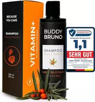 Buddy Bruno® Šampūnas jautriems šunims | Su vitaminais + natūrali priežiūra su šaltalankių ekstraktu | Veganiškas | Atstato odą ir kailį | Apsaugo nuo kvapų ir niežulio, dermatologiškai patikrintas | 250 ml