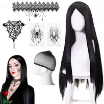 Morticia Addams perukas, 6 perukų rinkinys, ilgi juodi moteriški, ilgas juodas perukas, tiesus juodas perukas, ilgas juodas tiesus perukas, ilgas gotikinis perukas (70 cm), karnavalo cosplay vakarėliui