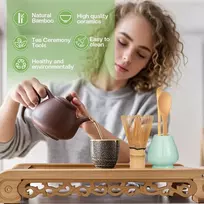Zanfqvo 4 dalių matcha šluotelių rinkinys - matcha arbatos rinkinys su matcha šluotele, keraminiu matcha šluotelės laikikliu, 2 matcha šaukšteliais - japoniški priedai ceremoninei matchai (žydra)