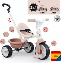 Kelioninis Smoby - Be Move rusvai gelsvas - vaikiškas triratukas su stūmimo rankena, sėdyne su saugos diržu, metaliniu rėmu, pedalo laisvosios eigos funkcija, vaikams nuo 15 mėnesių