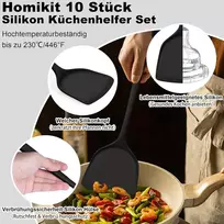 Homikit virtuvės įrankių rinkinys, 10 dalių silikoninių virtuvės įrankių rinkinys su įrankių laikikliu, nelipnūs karščiui atsparūs virtuvės įrankiai kepimui, sveiki ir tinkami plauti indaplovėje