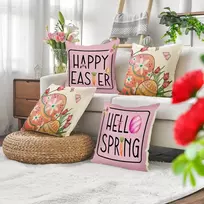 Tarklanda Happy Easter pagalvėlių užvalkalai su zuikiais, tulpėmis, velykiniais kiaušiniais, 4 vnt., 45 x 45 cm, Hello Spring dekoratyviniai pagalvėlių užvalkalai, velykiniai pagalvėlių užvalkalai sofai, svetainei