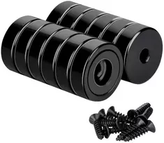 Min ci 12 neodimio magnetų rinkinys, itin stiprūs 10 kg (20 lbs) juodi magnetai su skyle, 16 mm apvalus magnetas prisukimui, puodo magnetas, prisukamas plokščias stiprus mažas magnetas