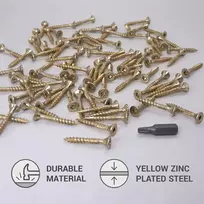 Skir'co universalūs geltoni medvaržčiai iš galvanizuoto plieno 4,0 x 30 mm su įleidžiama galvute torx type 17, skirti medžio drožlių plokštėms (800 vnt.)