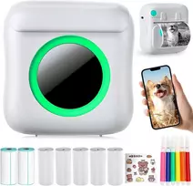 Nešiojamas mini spausdintuvas išmaniesiems telefonams, belaidis terminis spausdintuvas su 7 popieriaus ritiniais, kišeninis spausdintuvas be rašalo, išmanusis „bluetooth“ spausdintuvas etiketėms, spausdinimas (baltas)