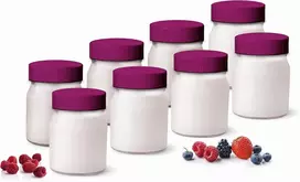 Little Balance 8539 stiklinis indelis jogurtui 190 ml, skaidrus indas, dangtelis slyvų spalvos