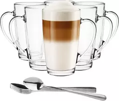Glasmark Krosno 1992 Latte Macchiato stiklinės su rankena ir šaukšteliu, 6 vnt. rinkinys, 400 ml, stiklinės arbatai, puodeliai kavai, cappuccino, šaltai arbatai, skaidrus stiklas