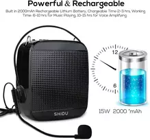 Balso stiprintuvas (18 W) su 2000 Mah ličio baterija ir vidiniu mikrofonu mokytojams, kopėčių ir jogos mokytojams – mėlynas/laidinis Shidu Sd S512