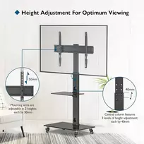 Laikiklis Bontec tv stovas su ratukais 30-70 colių plazminiams/lcd/led ekranams iki 40 kg, 6 aukščio reguliavimo padėtys su 2 pakopų grūdinto stiklo lentynomis, max vesa 600 x 400 mm