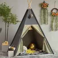 Treebud Tipis palapinė vaikams su paminkštintu kilimėliu, sulankstomos tamsių atspalvių žaidimų palapinės mergaitėms ir berniukams su nešiojimo krepšiu, drobės tipis namelis vaikams, naudojimui patalpose ir lauke